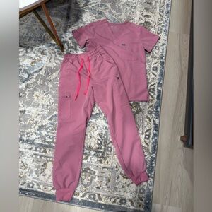 Figs Pink Scrub Set with High Waisted Drawstring Jogger Pants